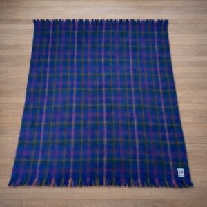 Vintage Avoca Mohair Wool Throw Blanket Blue Green Plaid Made In Ireland 71 X 54